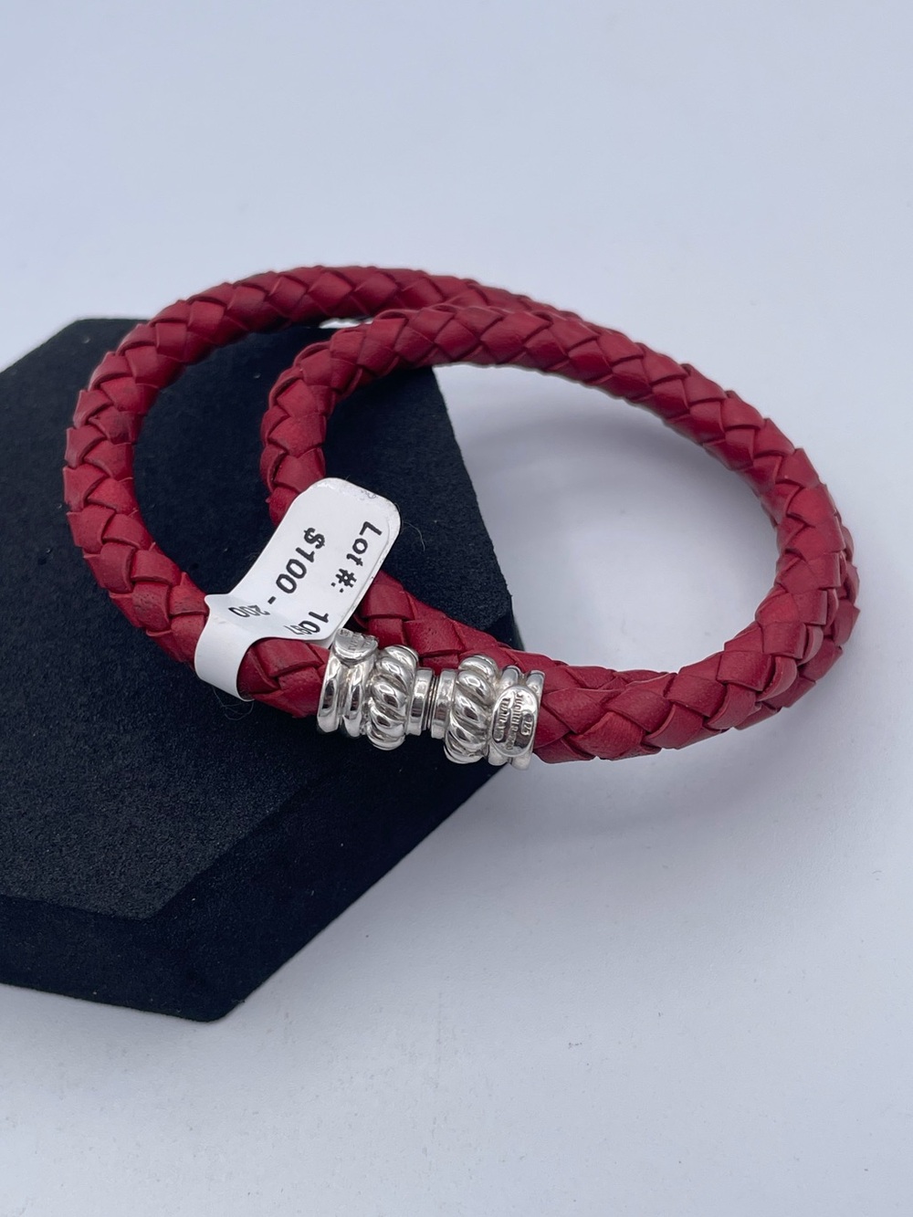 Judith Ripka 925 Sterling Silver Red Braided Leather Wrap Bracelet Magnetic